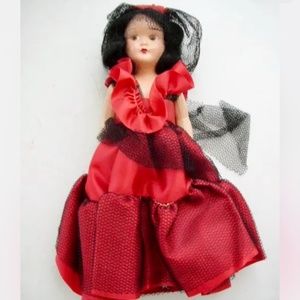 Vintage,  7.5" Composition Face-Plastic Doll in Red Gown